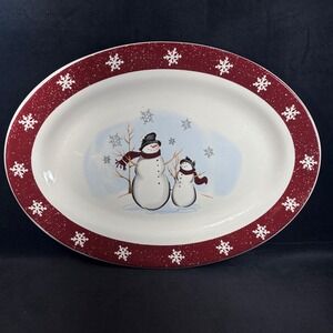 Royal Seasons Stoneware Vintage 14" Oval Platter w/ 2 Snowmen & Snowflake Design